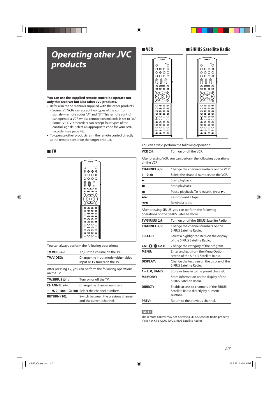 Operating other jvc products, 7 tv, 7 vcr 7 sirius satellite radio | JVC RX-D412BUJ User Manual | Page 49 / 58