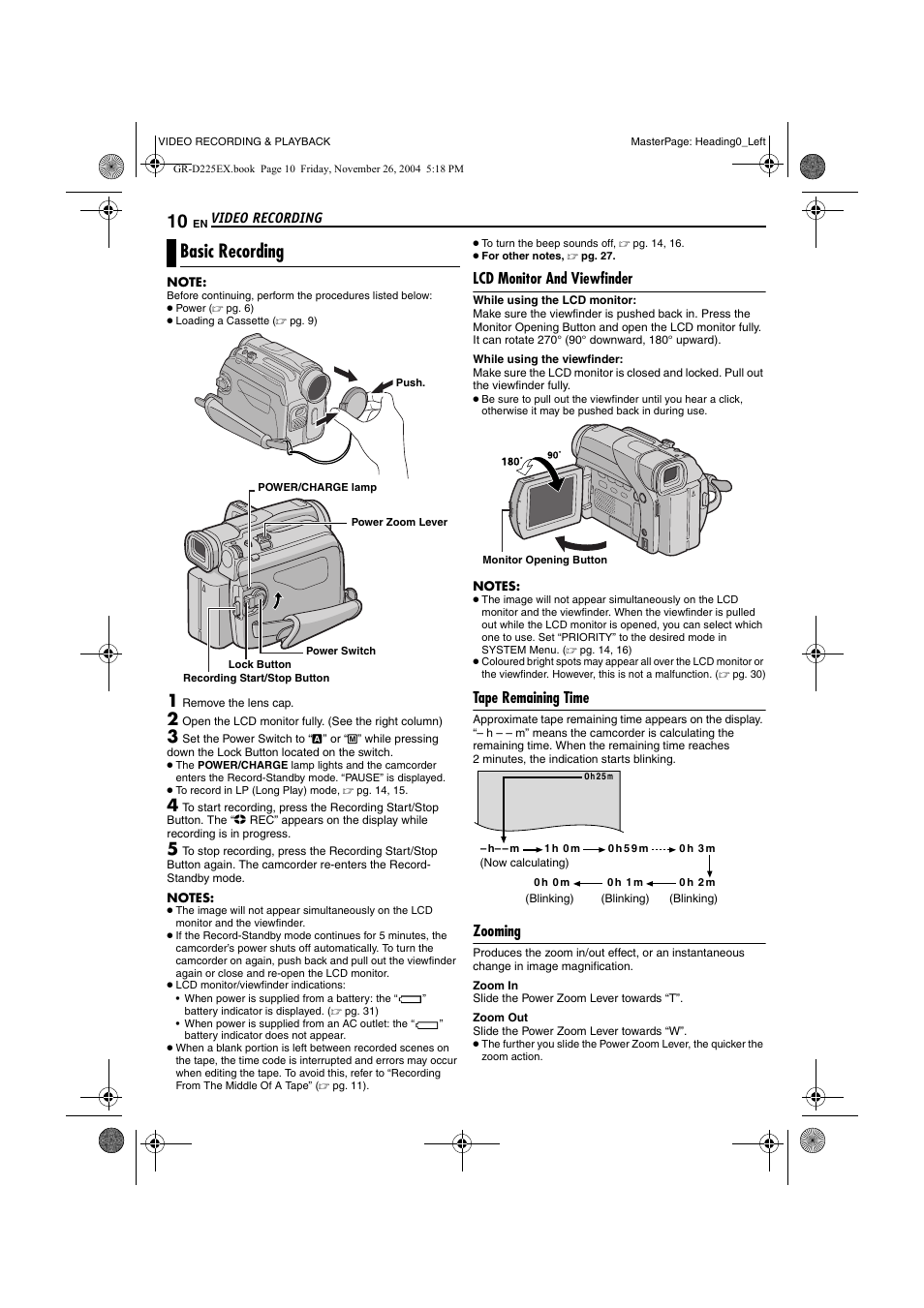 Video recording, Basic recording, Lcd monitor and viewfinder | Tape remaining time, Zooming, Video recording & playback, Pg. 10) | JVC GR-D225 User Manual | Page 10 / 40