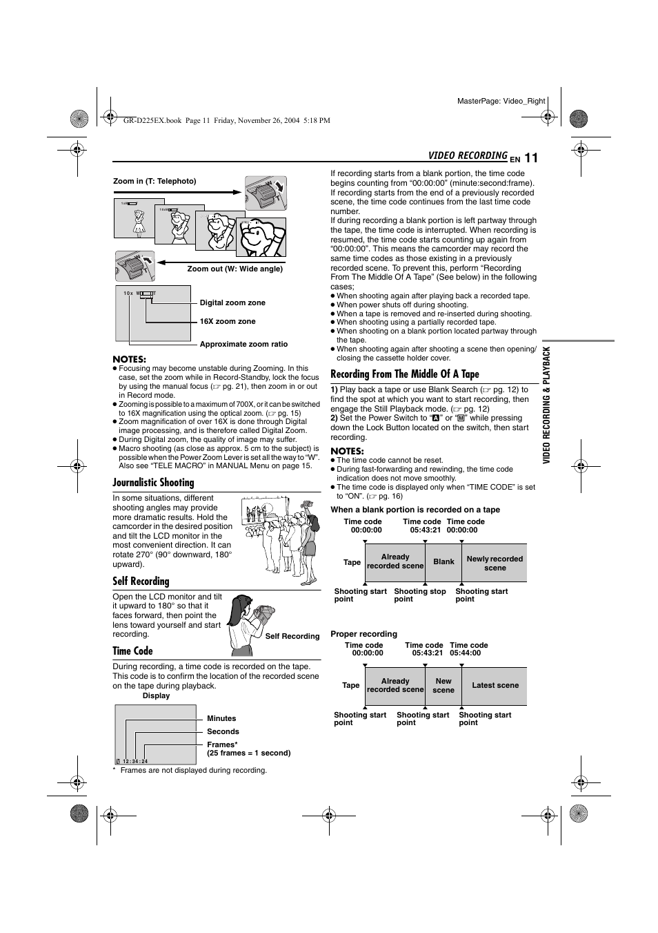 Journalistic shooting, Self recording, Time code | Recording from the middle of a tape, Pg. 11), Video recording | JVC GR-D225 User Manual | Page 11 / 40