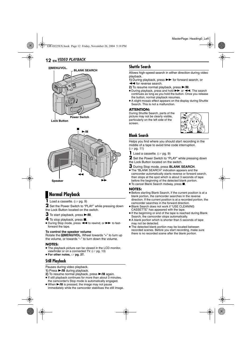 Video playback, Normal playback, Still playback | Shuttle search, Blank search, Pg. 12) | JVC GR-D225 User Manual | Page 12 / 40