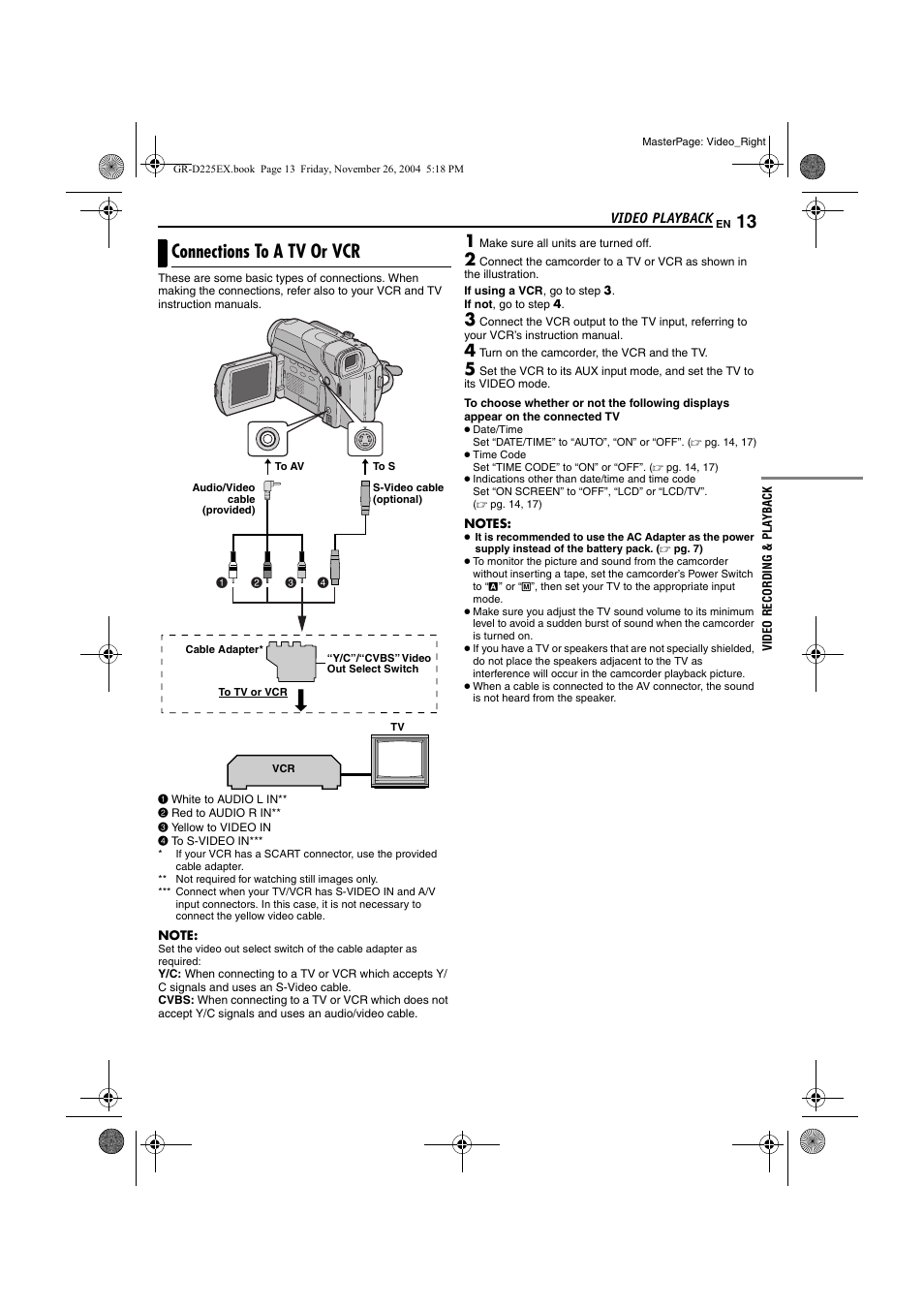 Connections to a tv or vcr, Pg. 13) | JVC GR-D225 User Manual | Page 13 / 40