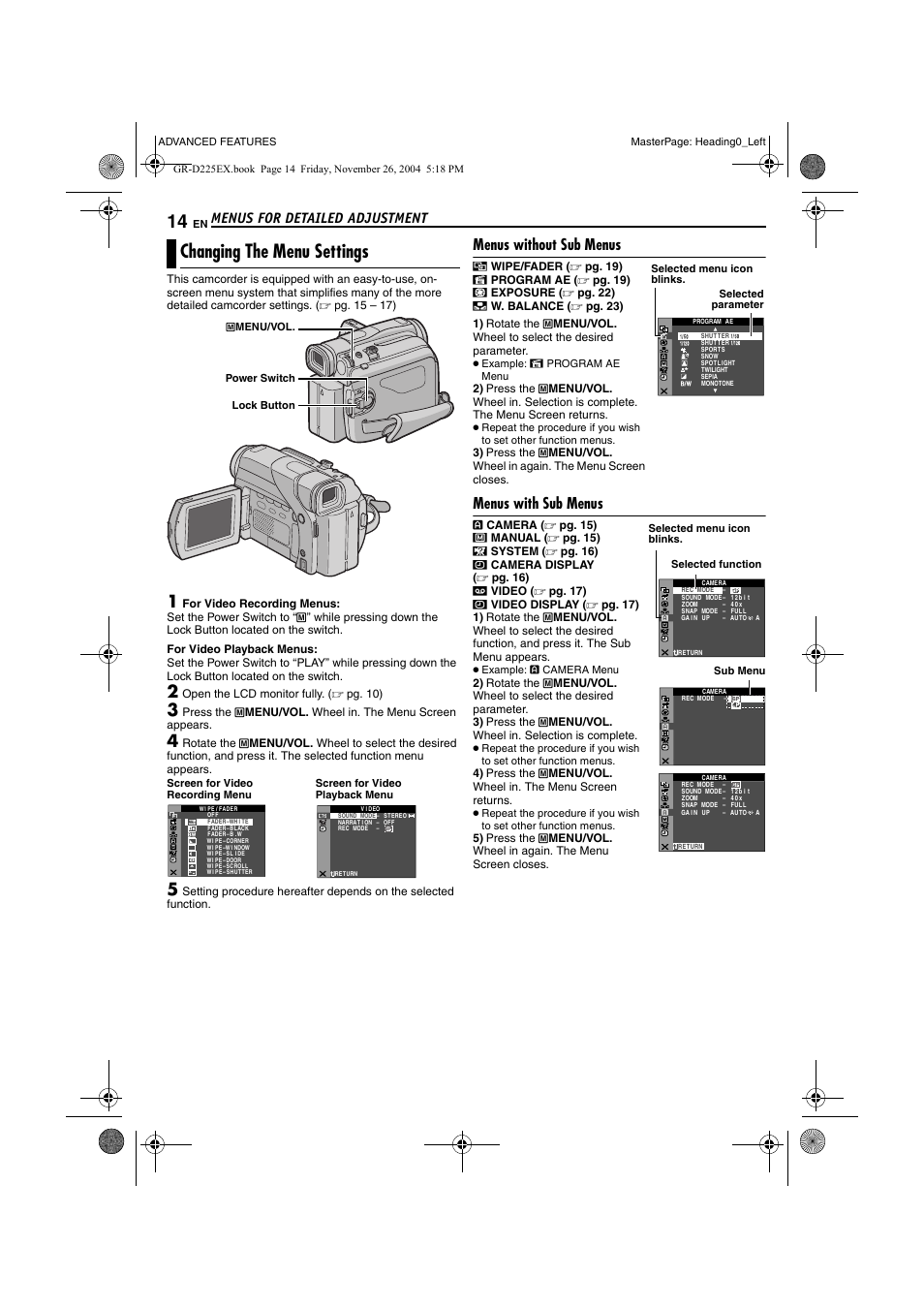 Menus for detailed adjustment, Changing the menu settings, Menus without sub menus | Menus with sub menus, Pg. 14, Advanced features, Pg. 14, 17, Pg. 14), Nder, Pg. 14, 1 | JVC GR-D225 User Manual | Page 14 / 40