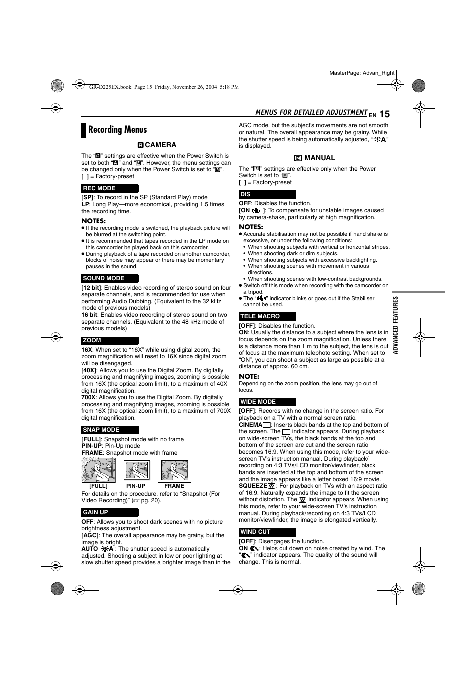 Recording menus, Pg. 15) | JVC GR-D225 User Manual | Page 15 / 40