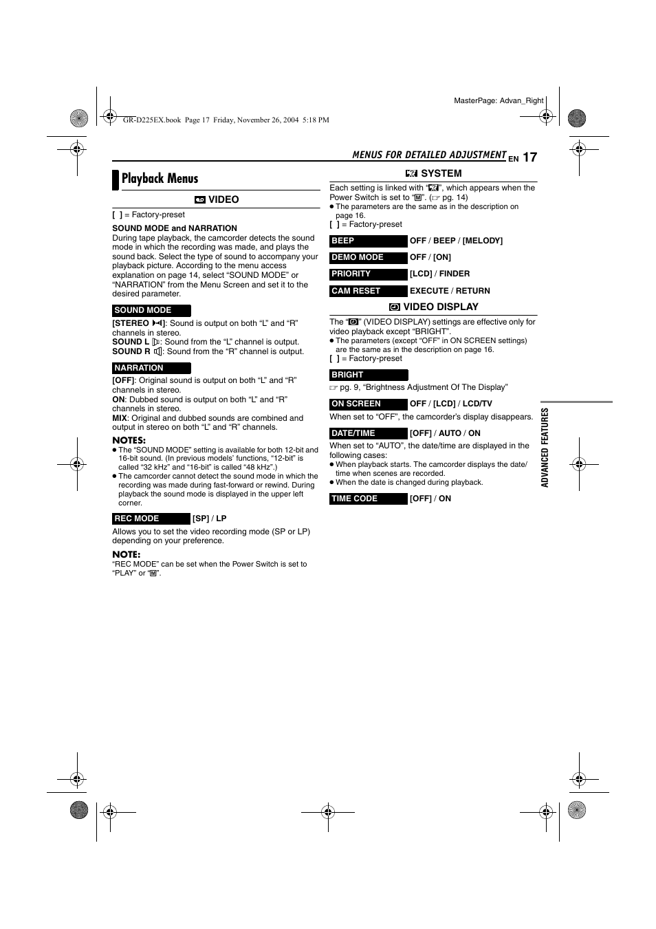 Playback menus | JVC GR-D225 User Manual | Page 17 / 40