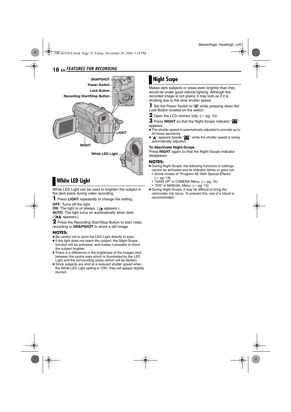 Features for recording, White led light, Night scope | JVC GR-D225 User Manual | Page 18 / 40