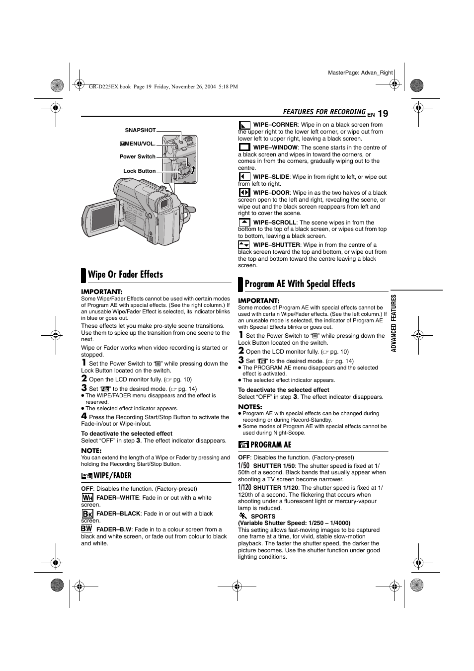 Wipe or fader effects, Wipe/fader, Program ae with special effects | Program ae, Pg. 19) | JVC GR-D225 User Manual | Page 19 / 40