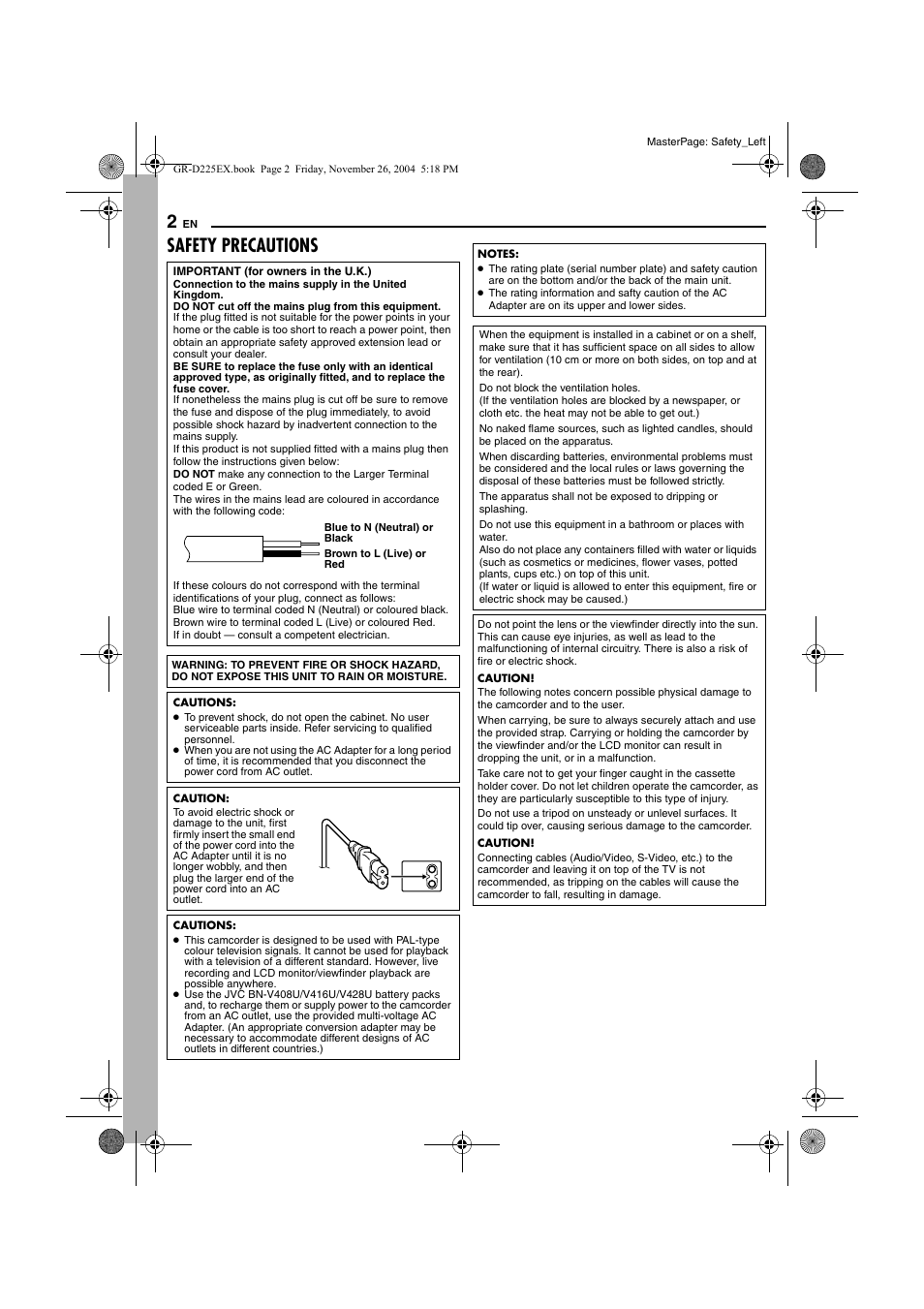 Safety precautions | JVC GR-D225 User Manual | Page 2 / 40