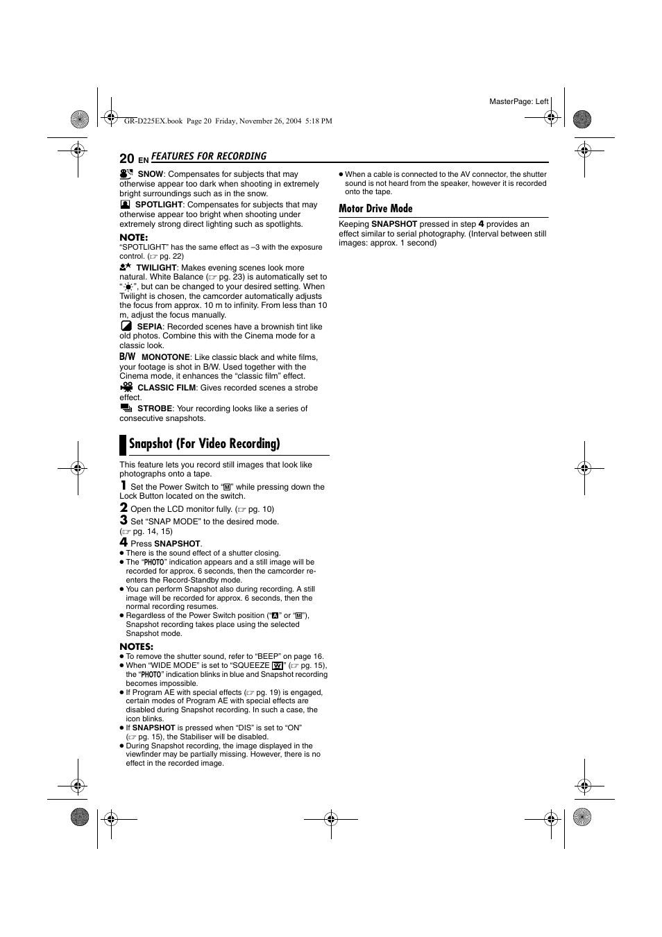 Snapshot (for video recording), Motor drive mode, Pg. 20) | JVC GR-D225 User Manual | Page 20 / 40