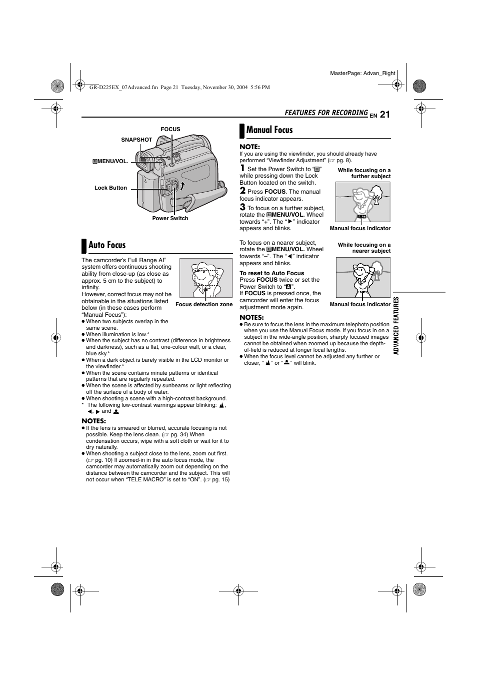 Auto focus, Manual focus, Pg. 21), t | JVC GR-D225 User Manual | Page 21 / 40