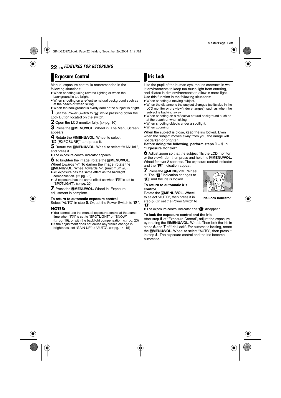 Exposure control, Iris lock, Pg. 22) | Exposure control iris lock | JVC GR-D225 User Manual | Page 22 / 40