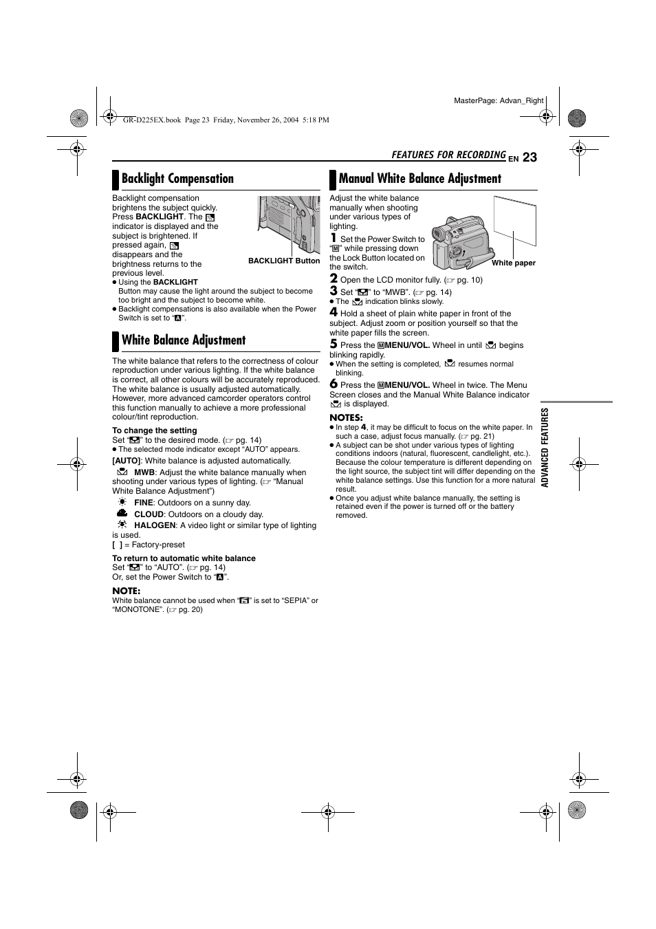 Backlight compensation, White balance adjustment, Manual white balance adjustment | Pg. 23), Backlight compensation white balance adjustment | JVC GR-D225 User Manual | Page 23 / 40