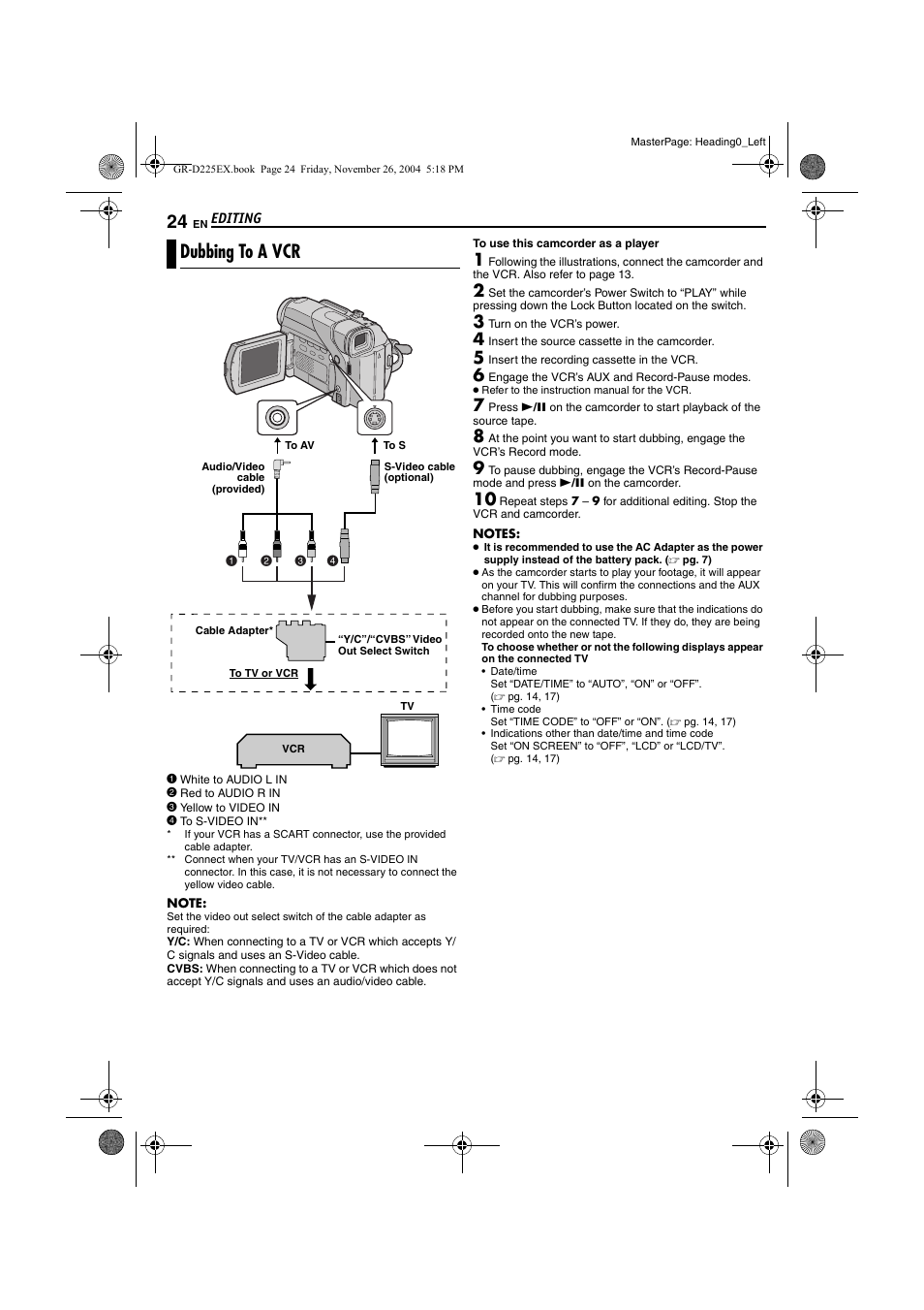 Editing, Dubbing to a vcr | JVC GR-D225 User Manual | Page 24 / 40