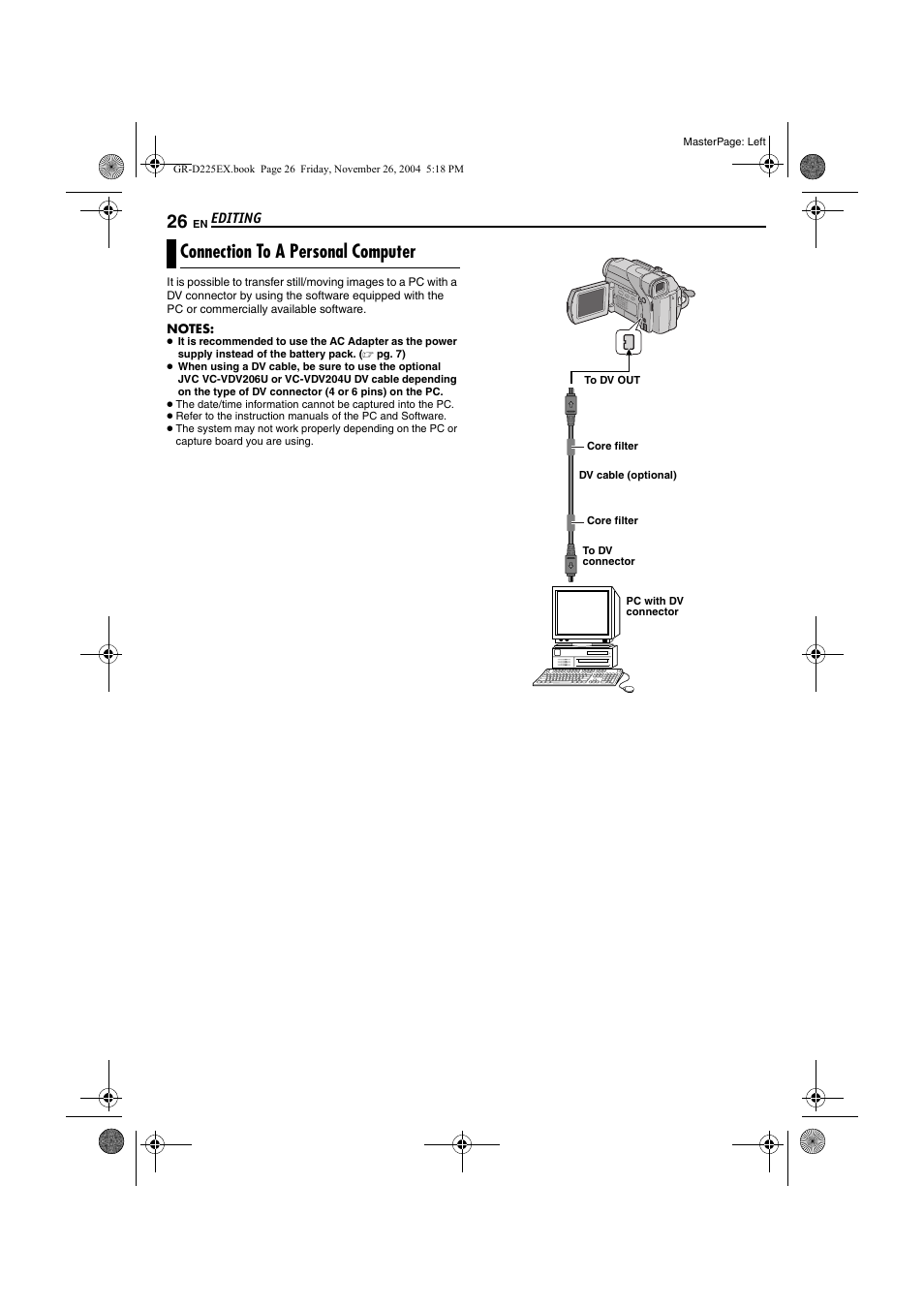 Connection to a personal computer | JVC GR-D225 User Manual | Page 26 / 40