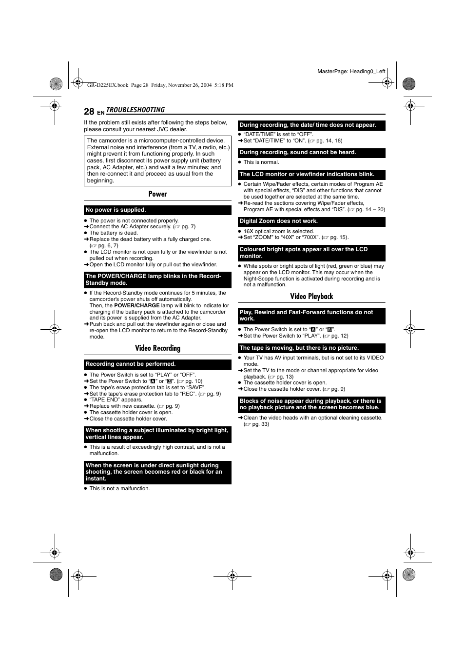 Troubleshooting, Power, Video recording | Video playback | JVC GR-D225 User Manual | Page 28 / 40