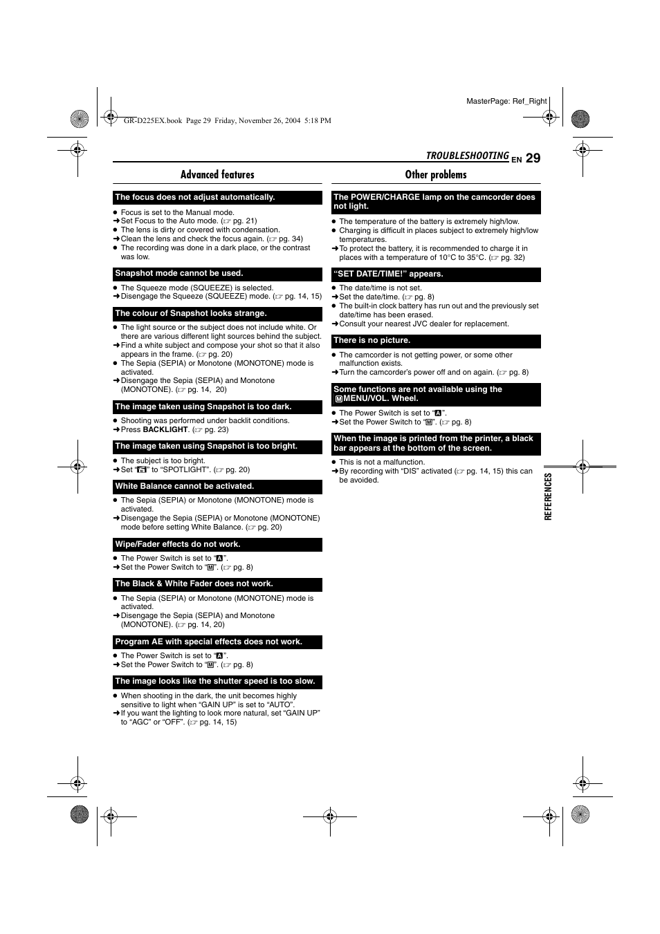 Advanced features, Other problems, Troubleshooting | JVC GR-D225 User Manual | Page 29 / 40