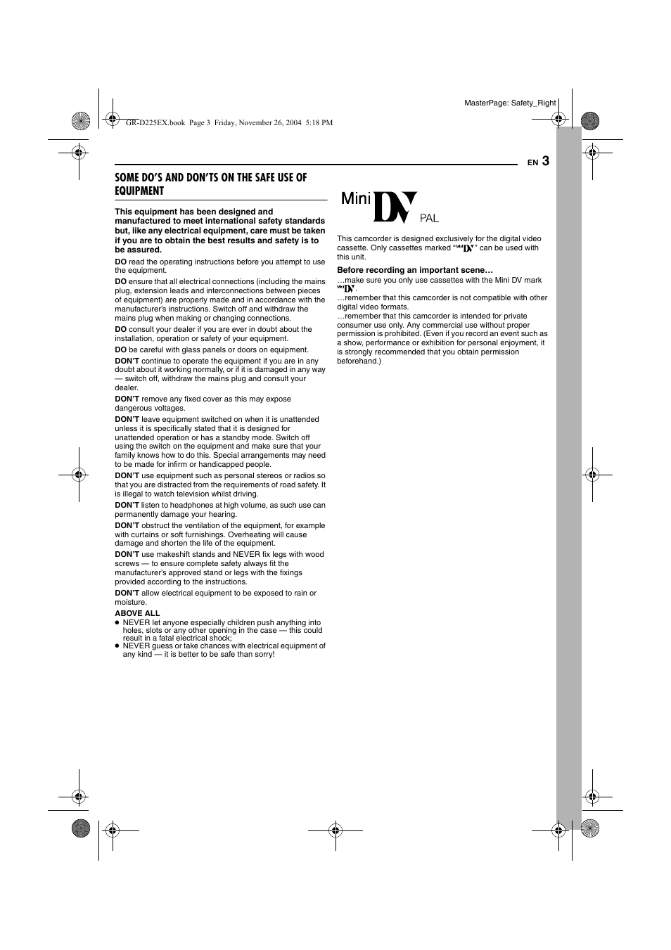 Some do’s and don’ts on the safe use of equipment | JVC GR-D225 User Manual | Page 3 / 40