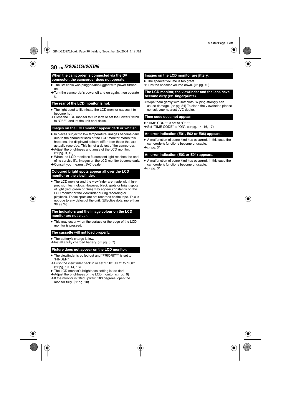 Pg. 30), Troubleshooting | JVC GR-D225 User Manual | Page 30 / 40