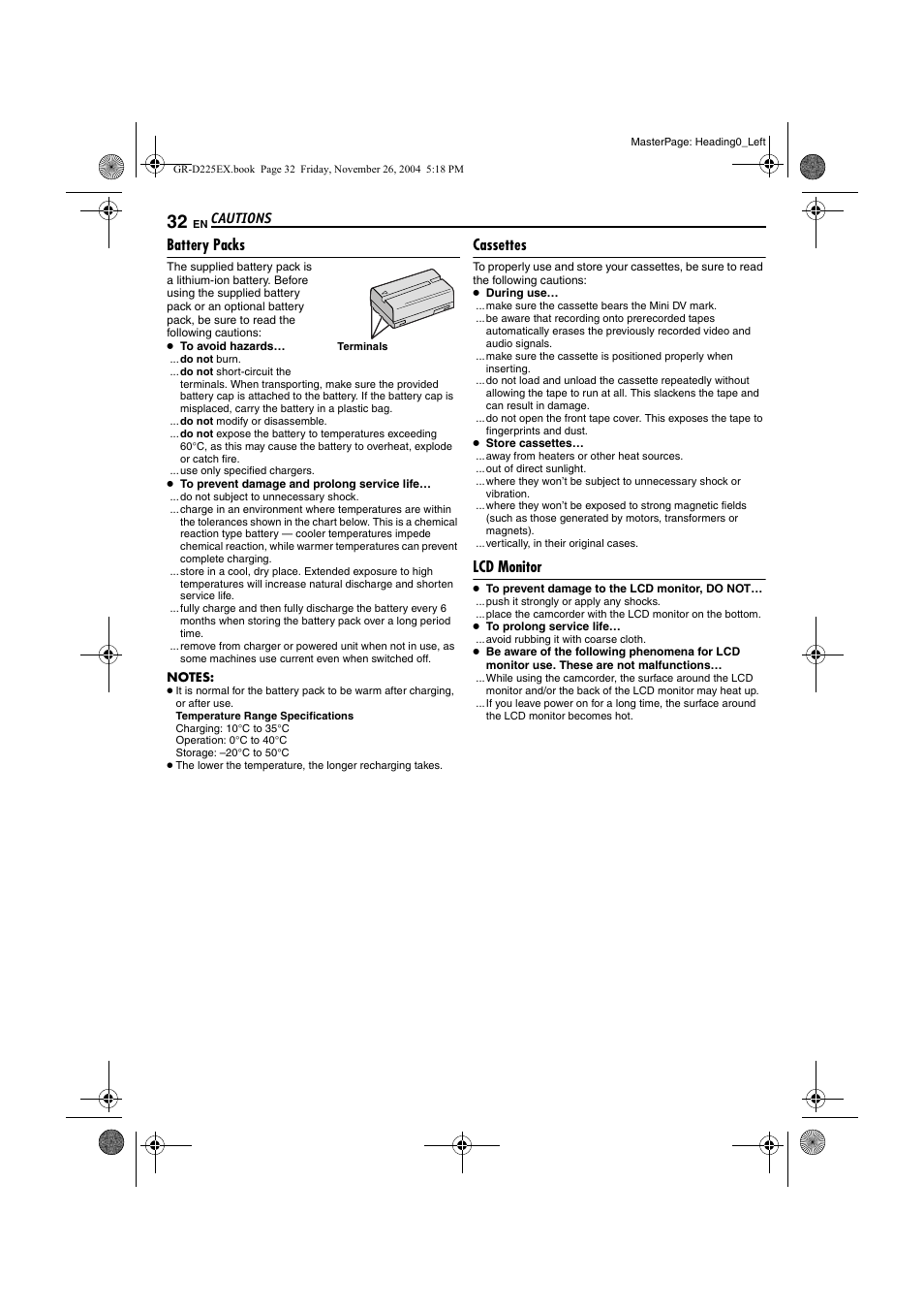 Cautions, Battery packs, Cassettes | Lcd monitor, Pg. 32) | JVC GR-D225 User Manual | Page 32 / 40