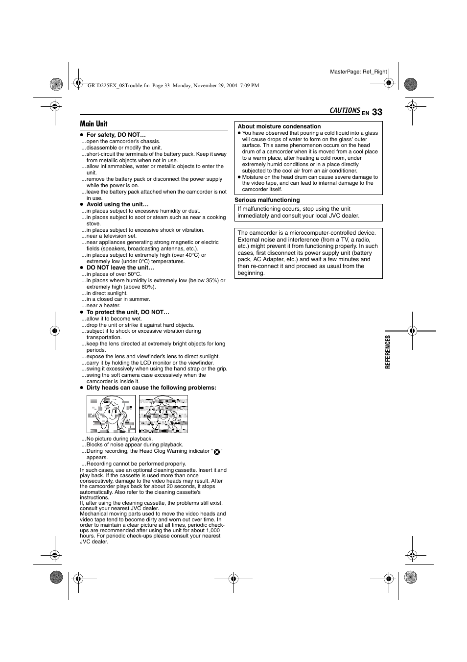 Main unit, Pg. 33, Pg. 33) | Heads during | JVC GR-D225 User Manual | Page 33 / 40