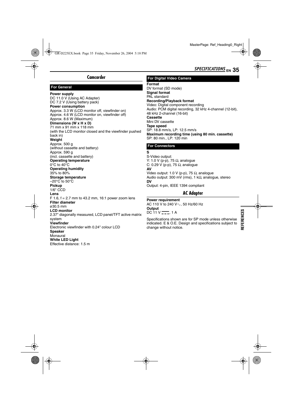 Specifications, Camcorder, Ac adapter | JVC GR-D225 User Manual | Page 35 / 40