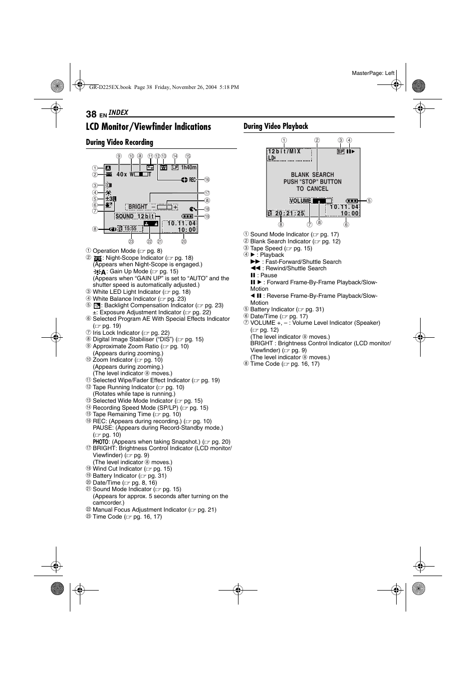 Lcd monitor/viewfinder indications, During video recording, During video playback | JVC GR-D225 User Manual | Page 38 / 40