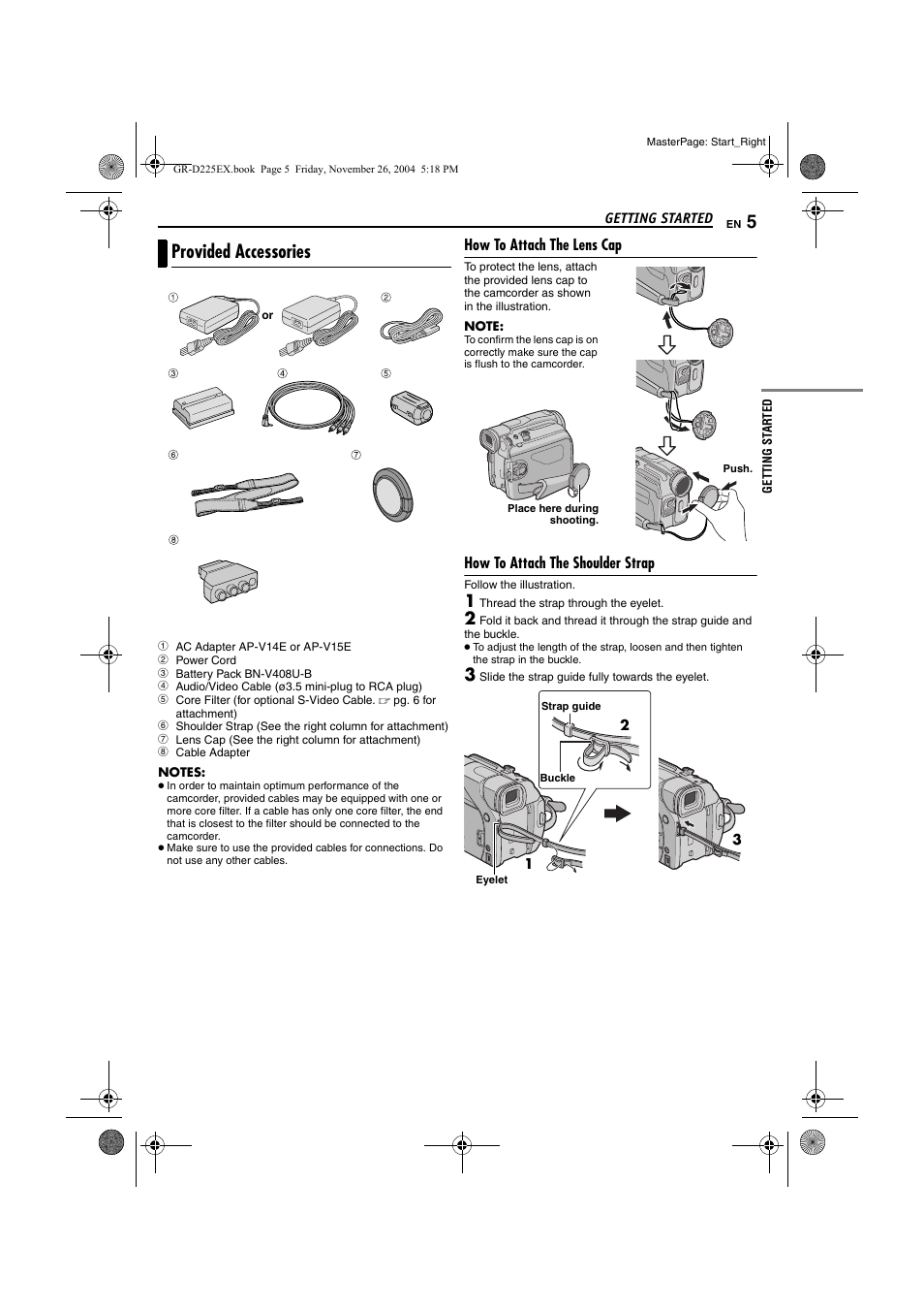 Getting started, Provided accessories, How to attach the lens cap | How to attach the shoulder strap | JVC GR-D225 User Manual | Page 5 / 40