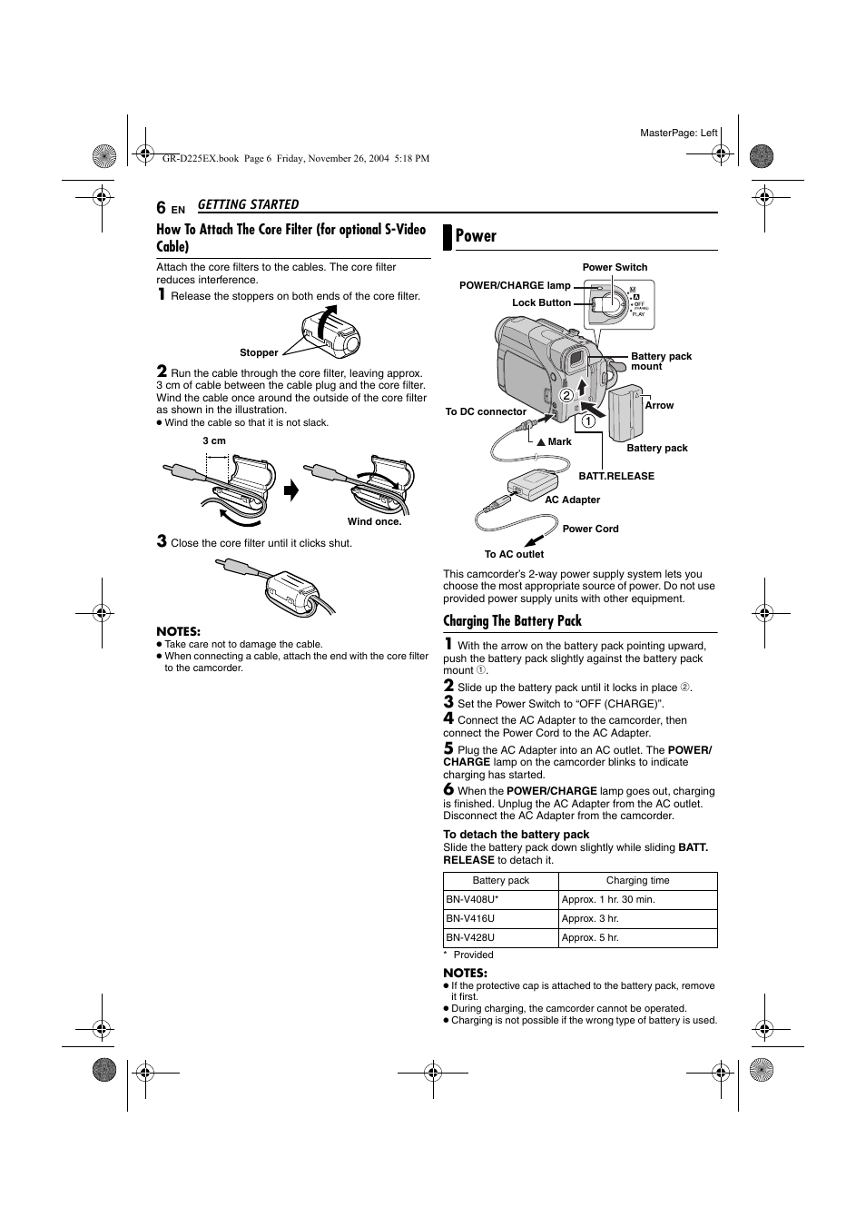 Power, Charging the battery pack | JVC GR-D225 User Manual | Page 6 / 40