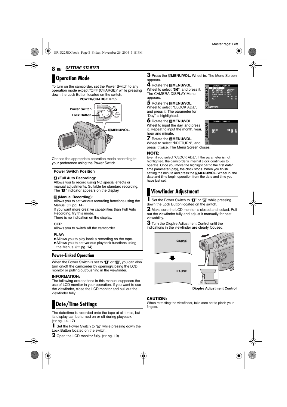 Operation mode, Power-linked operation, Date/time settings | Viewfinder adjustment, Getting started, Open the lcd monitor fully. ( ੬ pg. 10) | JVC GR-D225 User Manual | Page 8 / 40