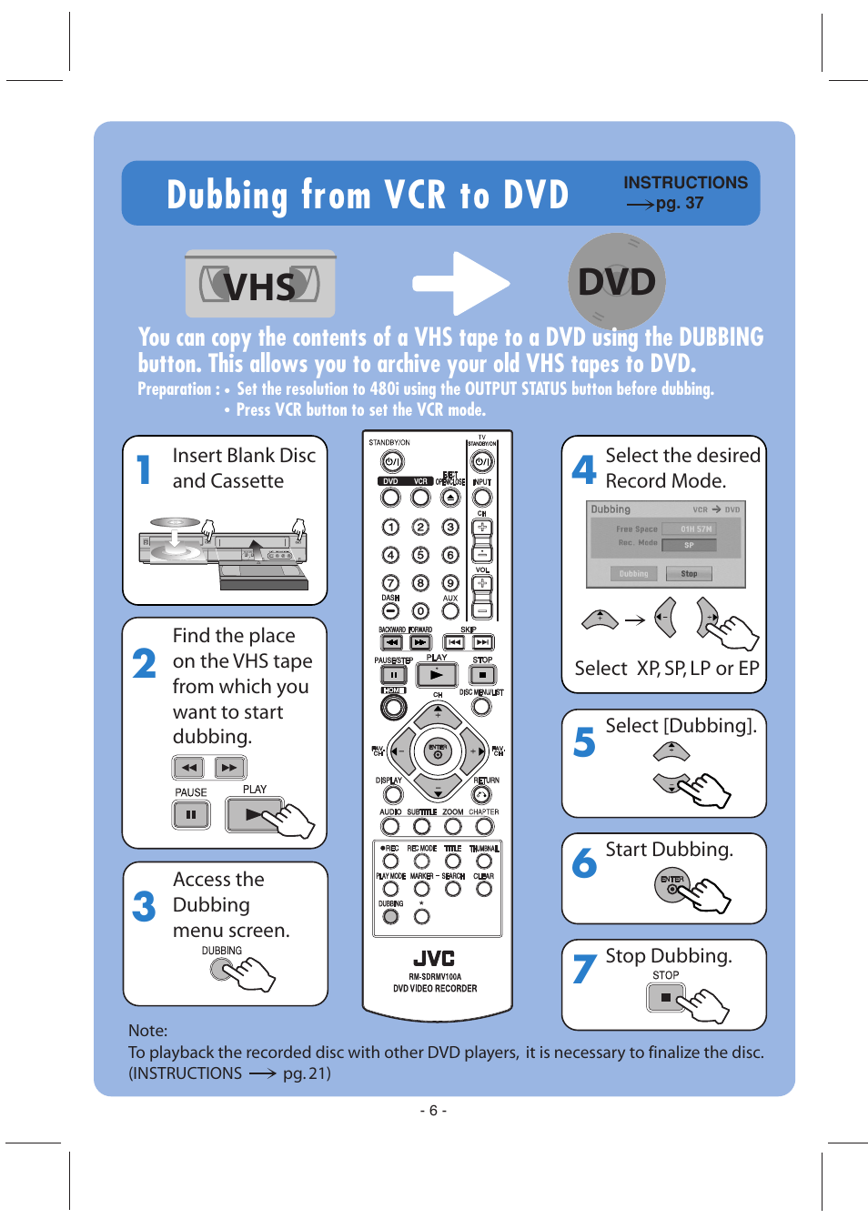 Dvd vhs, Dubbing from vcr to dvd | JVC DR-MV100B User Manual | Page 6 / 6