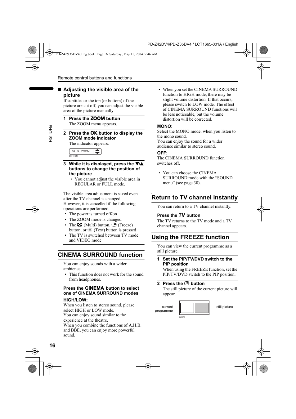 Cinema surround function, Return to tv channel instantly, Using the freeze function | JVC PD-Z35DV4 User Manual | Page 17 / 52