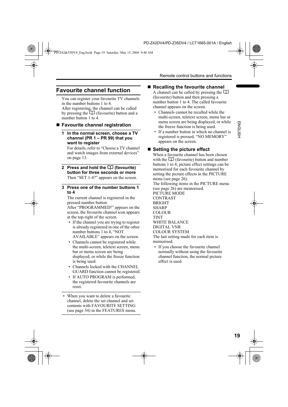 Favourite channel function | JVC PD-Z35DV4 User Manual | Page 20 / 52
