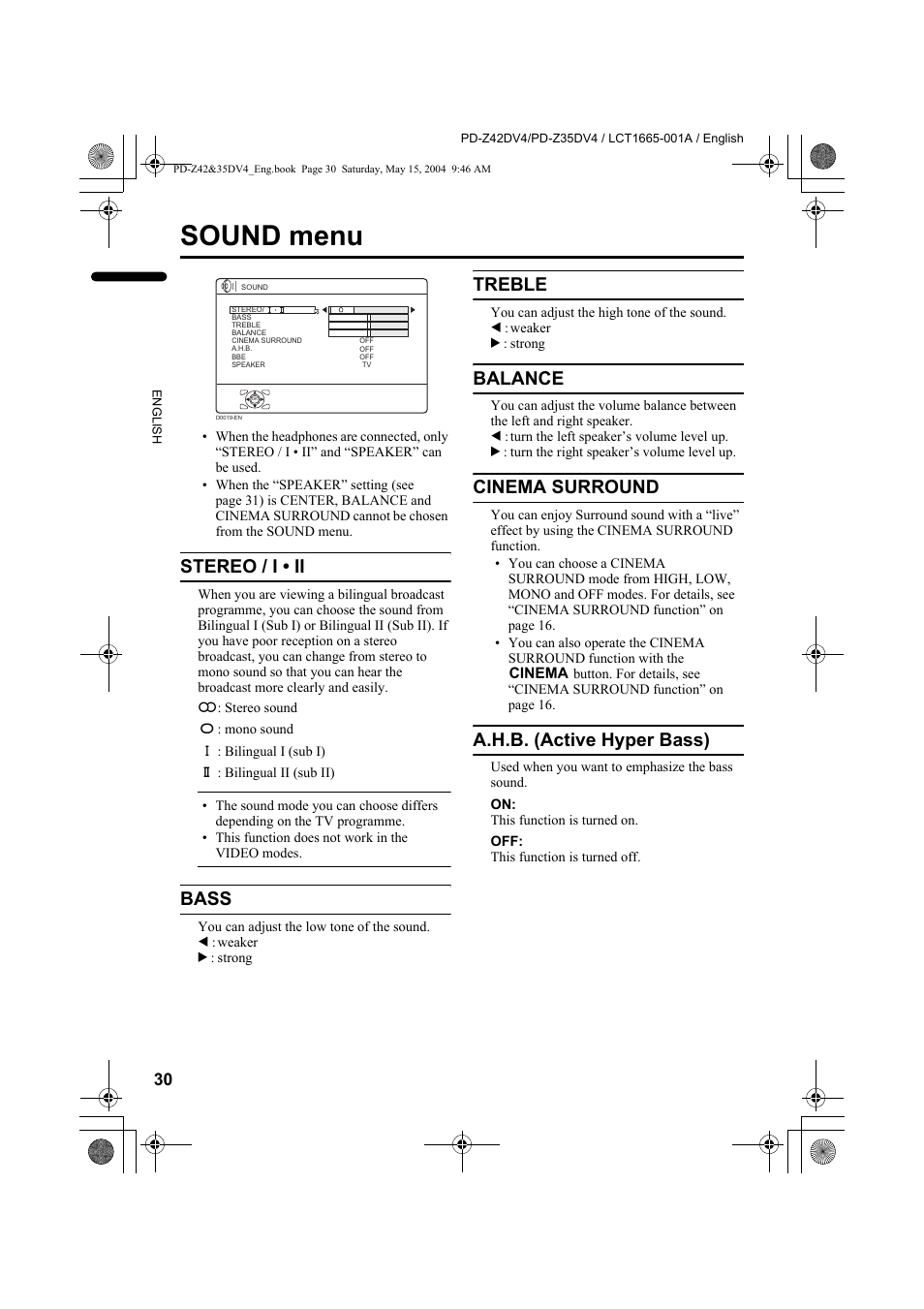 Sound menu, Stereo / i • ii, Bass | Treble, Balance, Cinema surround, A.h.b. (active hyper bass) | JVC PD-Z35DV4 User Manual | Page 31 / 52