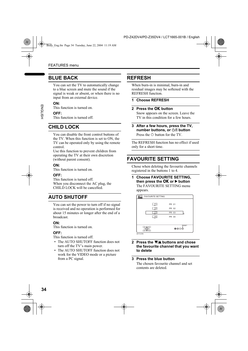 Blue back, Child lock, Auto shutoff | Refresh, Favourite setting | JVC PD-Z35DV4 User Manual | Page 35 / 52