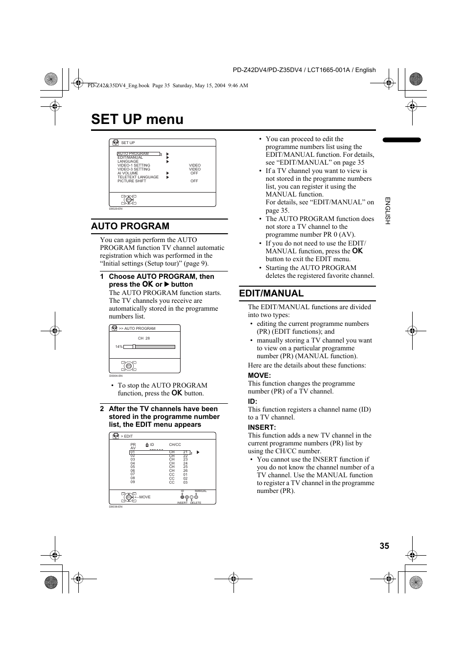 Set up menu, Auto program, Edit/manual | Auto program edit/manual, See “edit/manual” on, Description “edit/manual” on, Edit | JVC PD-Z35DV4 User Manual | Page 36 / 52