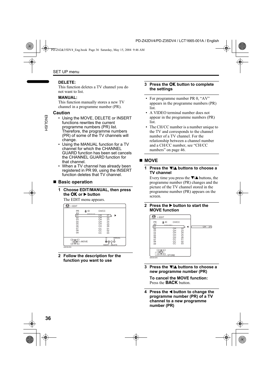 Caution, Basic operation, Move | Set up menu | JVC PD-Z35DV4 User Manual | Page 37 / 52