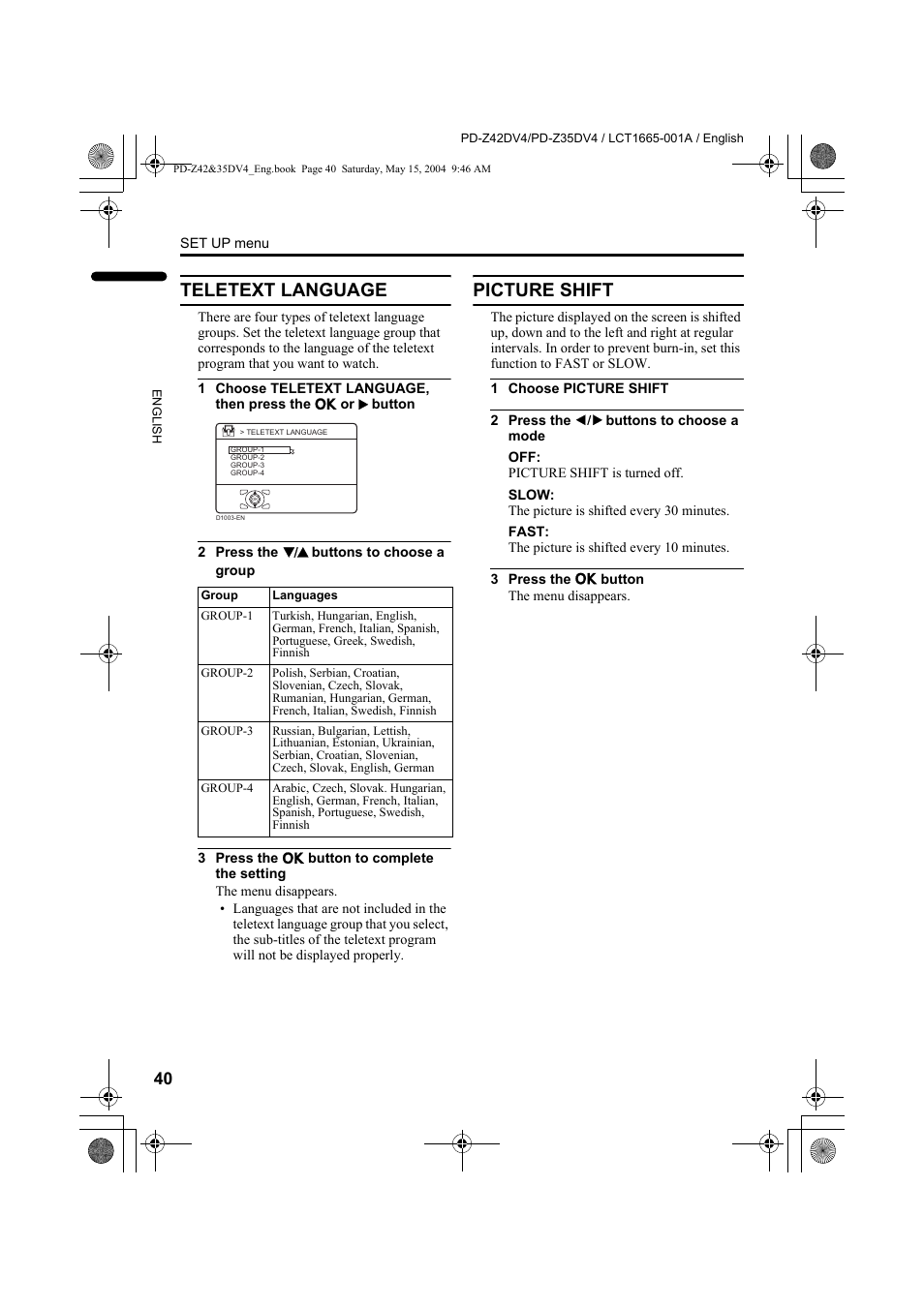 Teletext language, Picture shift, Teletext language picture shift | JVC PD-Z35DV4 User Manual | Page 41 / 52