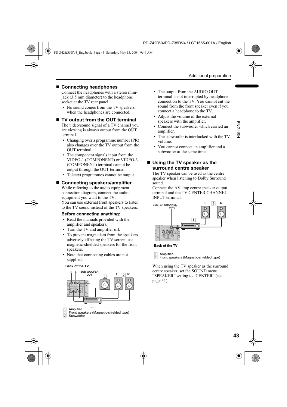 Connecting headphones, Tv output from the out terminal, Connecting speakers/amplifier | Additional preparation | JVC PD-Z35DV4 User Manual | Page 44 / 52