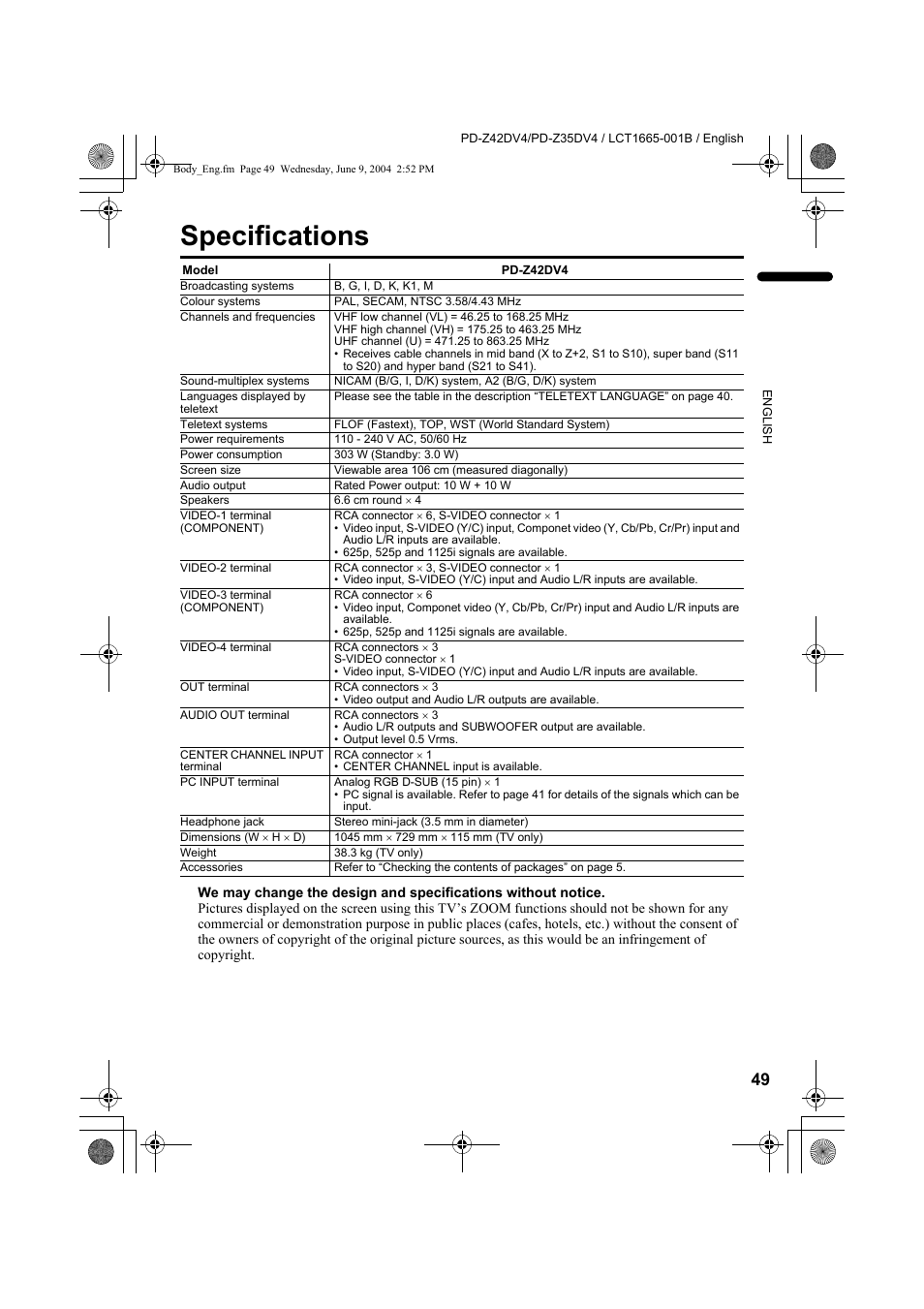 Specifications | JVC PD-Z35DV4 User Manual | Page 50 / 52