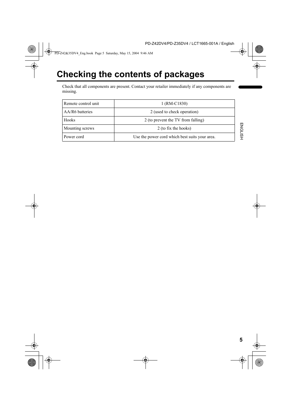Checking the contents of packages | JVC PD-Z35DV4 User Manual | Page 6 / 52