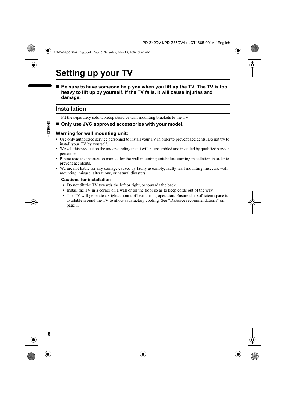 Setting up your tv, Installation | JVC PD-Z35DV4 User Manual | Page 7 / 52