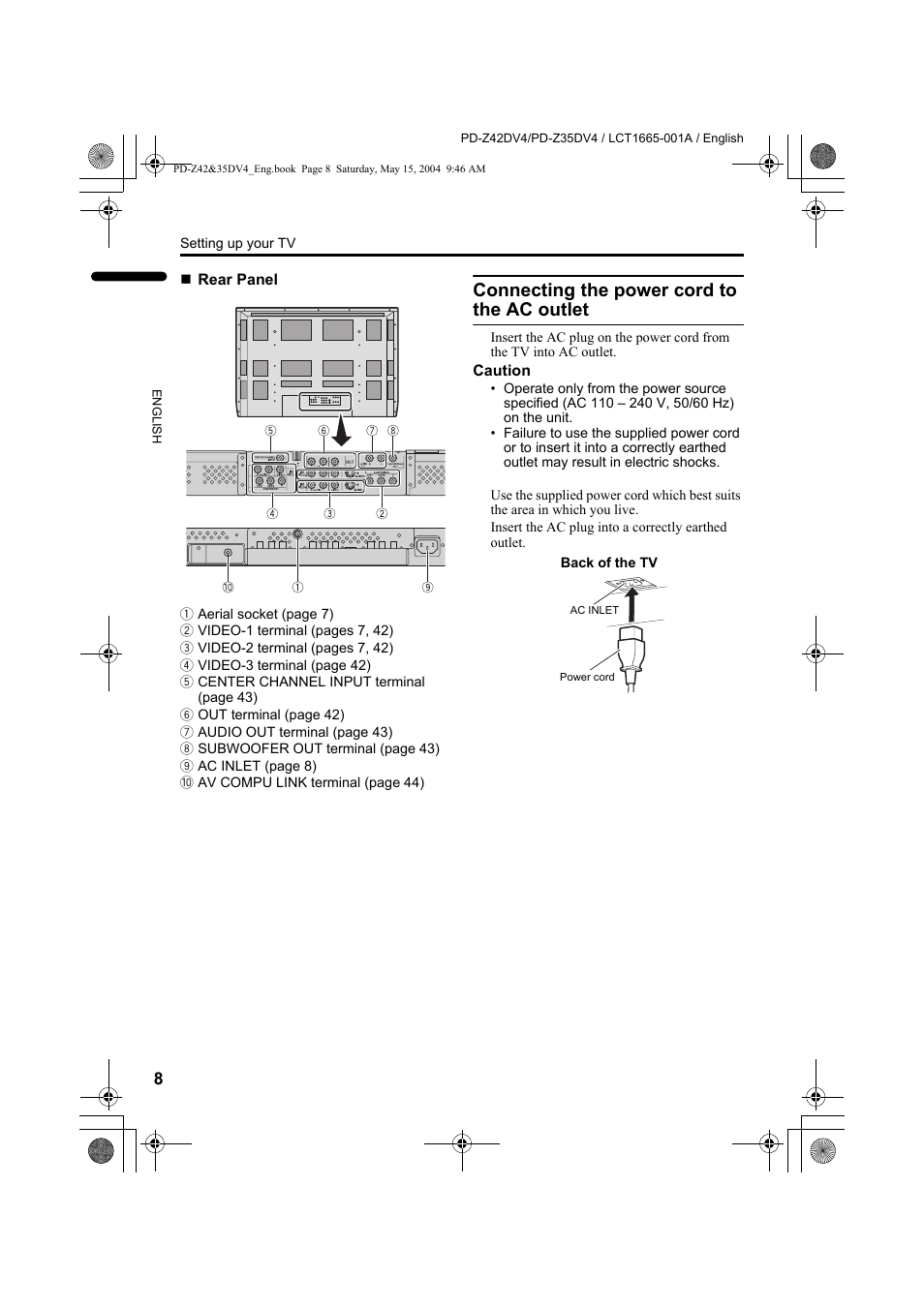 Connecting the power cord to the ac outlet, Connecting the power cord to the ac, Outlet | JVC PD-Z35DV4 User Manual | Page 9 / 52