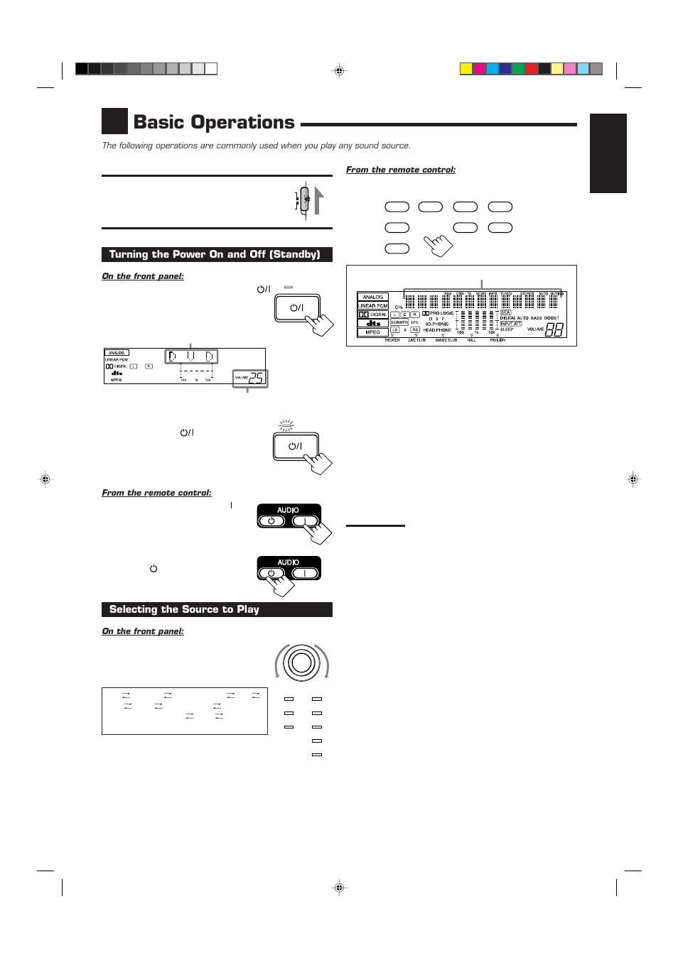 Basic operations, English, Turning the power on and off (standby) | Selecting the source to play | JVC RX-7000RBK User Manual | Page 13 / 60