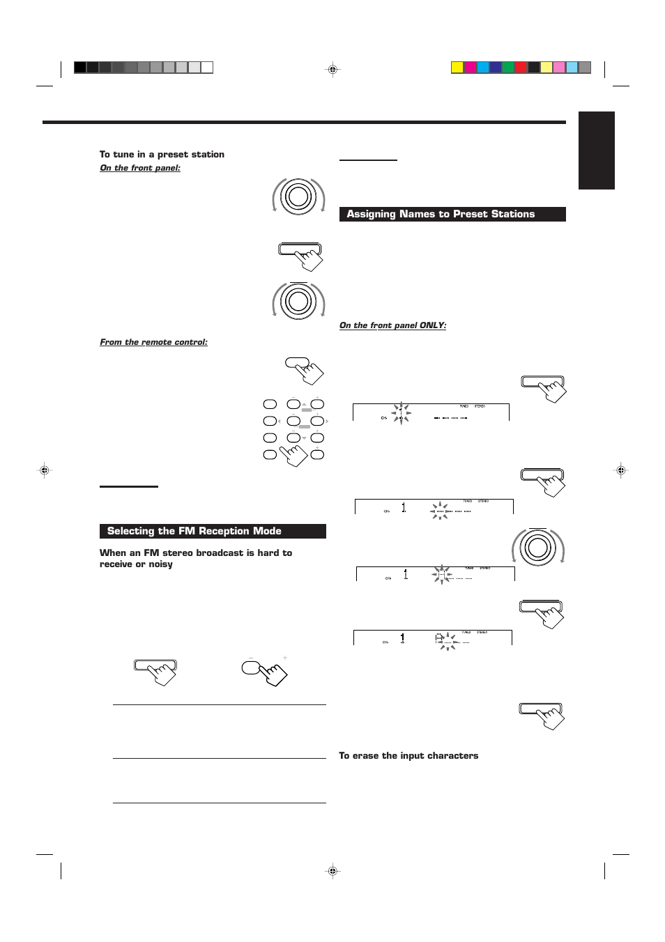 English, Press fm/am, Selecting the fm reception mode | Assigning names to preset stations, Tune in a preset station | JVC RX-7000RBK User Manual | Page 23 / 60