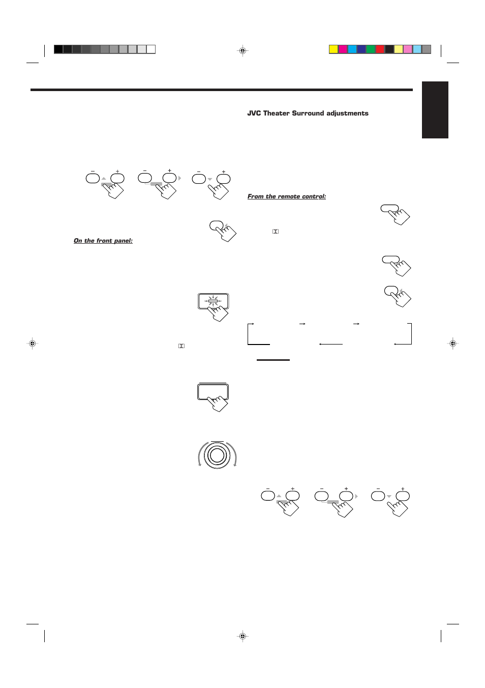 English, Press sound, Press test to check the speaker output balance | Adjust the speaker output levels, Press test again to stop the test tone | JVC RX-7000RBK User Manual | Page 33 / 60