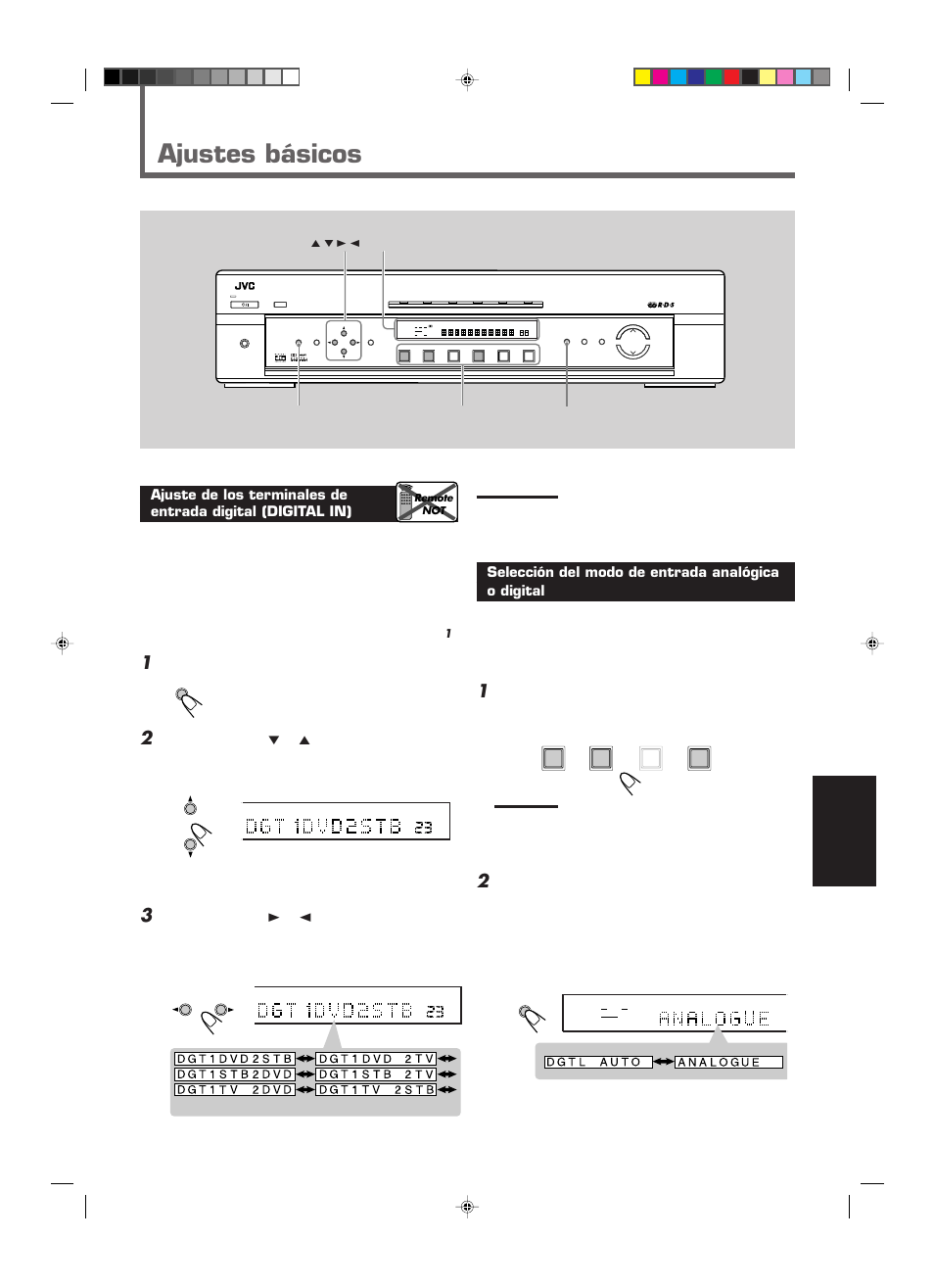 Ajustes basicos, Ajustes básicos, Español | Pulse setting, Aparezca en la pantalla, Selección del modo de entrada analógica o digital, Control 5 / ∞ / 3 / 2, Botones selectores de fuente (dvd, stb, tv), Vuelta al comienzo), Pantalla | JVC RX-E112RSL User Manual | Page 18 / 52