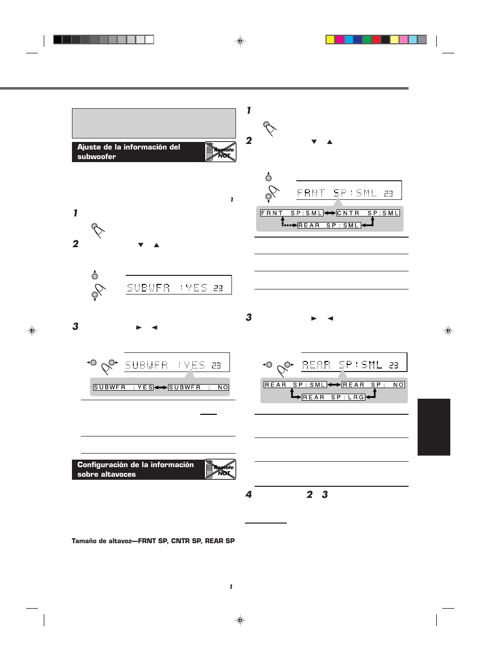 Español, Pulse setting, Repita los pasos | Ajuste de la información del subwoofer, Aparezca en la pantalla, Pulse control 3 (o 2 ) para seleccionar “yes, Configuración de la información sobre altavoces, Tamaño de altavoz—frnt sp, cntr sp, rear sp | JVC RX-E112RSL User Manual | Page 20 / 52