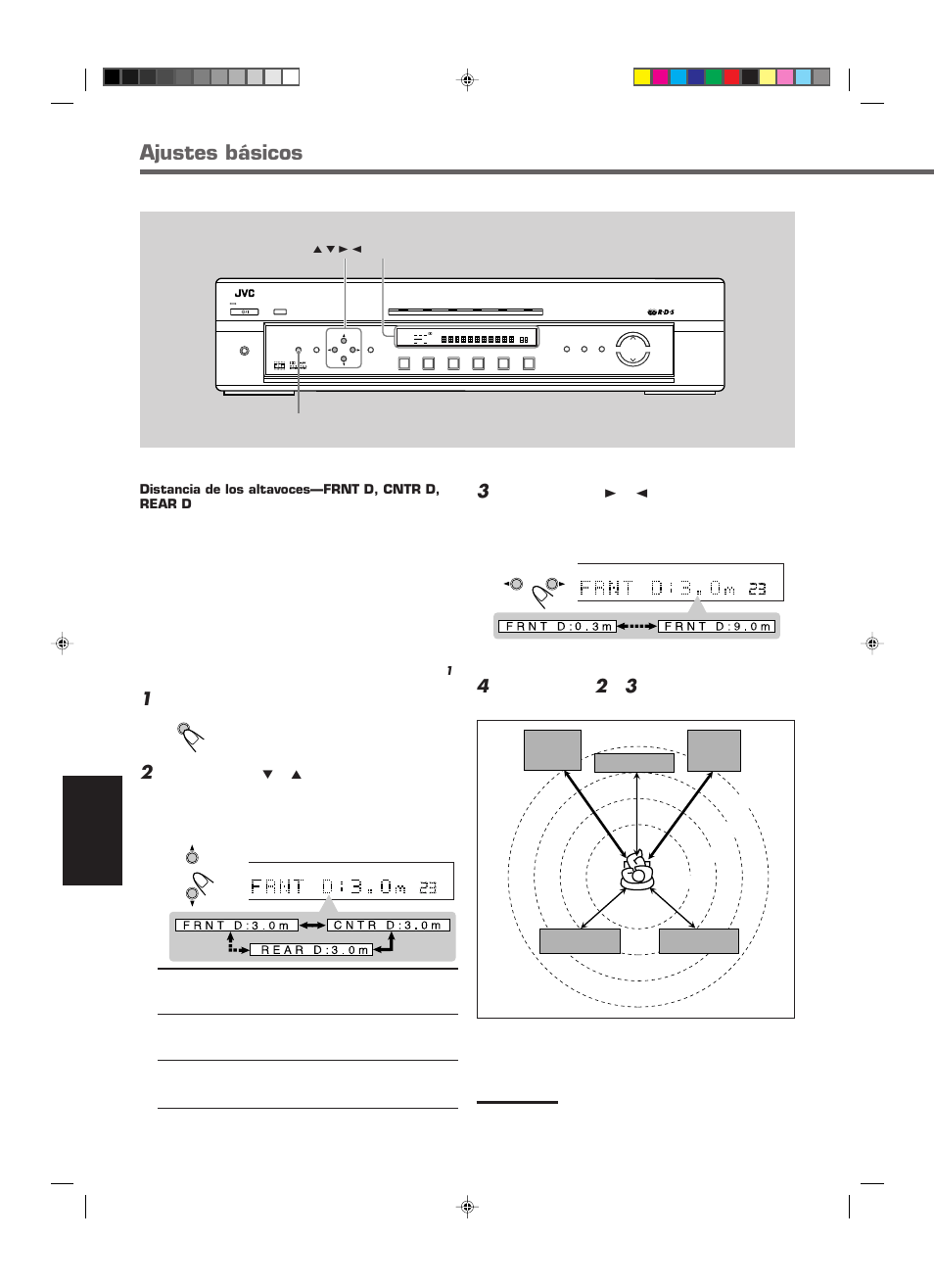 Ajustes básicos, Español, Pulse setting | Aparezca en la pantalla, Repita los pasos, Para ajustar la distancia de los demás altavoces, Distancia de los altavoces—frnt d, cntr d, rear d | JVC RX-E112RSL User Manual | Page 21 / 52