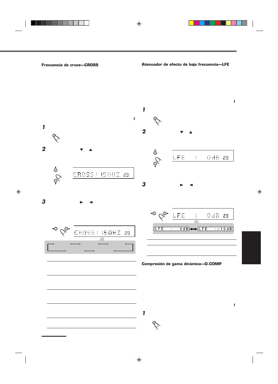 Español, Pulse setting, Aparezca en la pantalla | Atenuador de efecto de baja frecuencia—lfe, Frecuencia de cruce—cross | JVC RX-E112RSL User Manual | Page 22 / 52