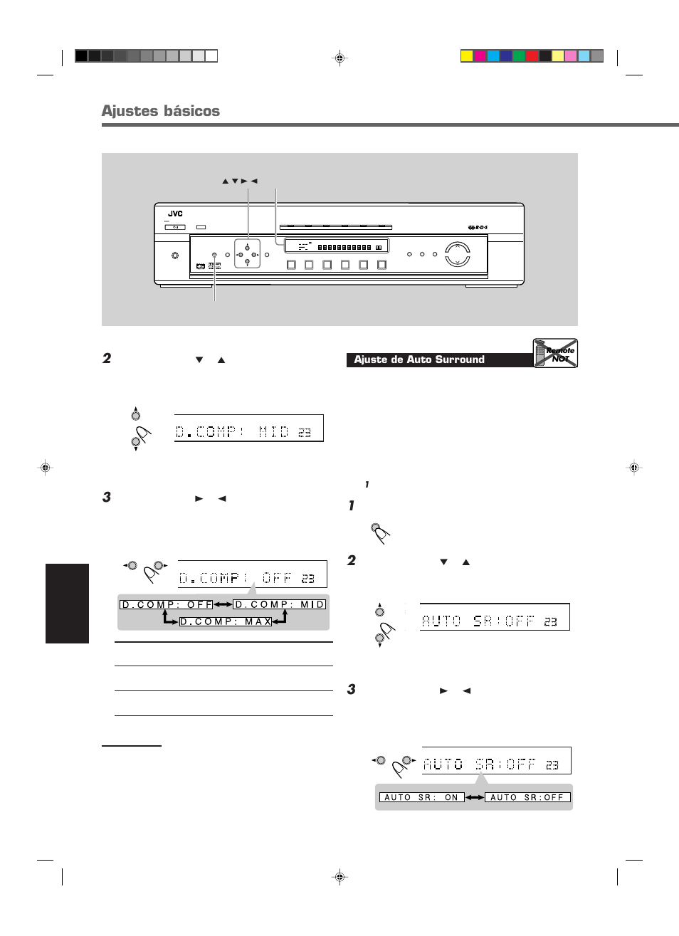 Ajustes básicos, Español, Ajuste de auto surround | Pulse setting, Aparezca en la pantalla, Control 5 / ∞ / 3 / 2 pantalla setting | JVC RX-E112RSL User Manual | Page 23 / 52