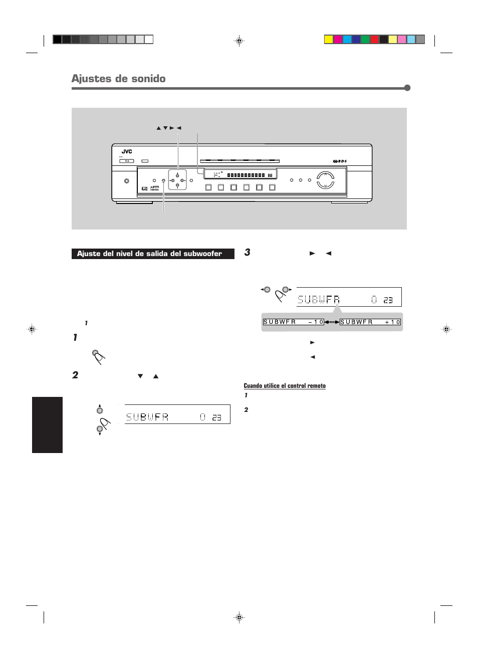 Ajustes de sonido, Español, Ajuste del nivel de salida del subwoofer | Pulse adjust, Aparezca, Cuando utilice el control remoto, Adjust pantalla control 5 / ∞ / 3 / 2 | JVC RX-E112RSL User Manual | Page 27 / 52